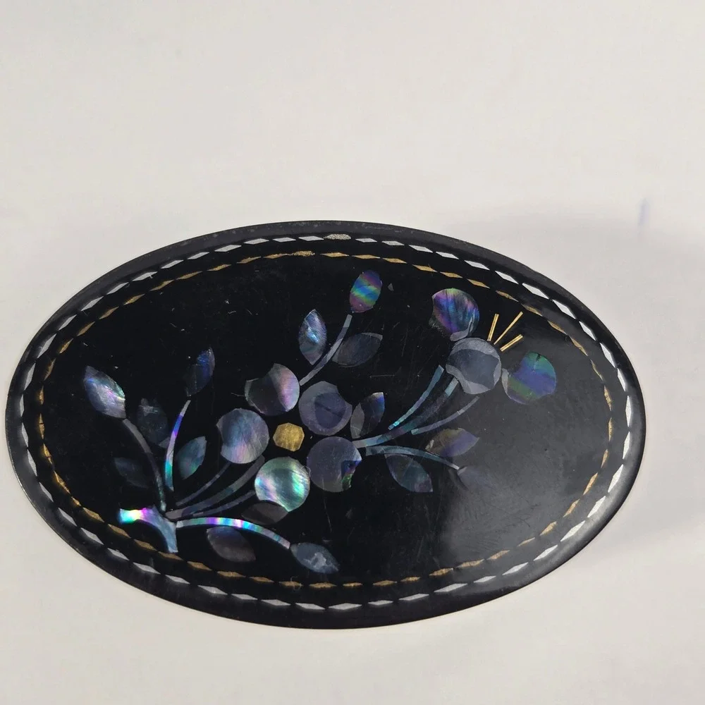 Vintage Black Lacquer Mother of Pearl Inlay Oval Trinket Jewelry Box with Case